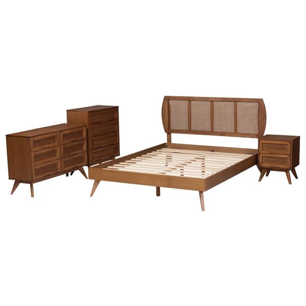 Asami Walnut Brown Finished Wood and Woven Rattan King Size 4-Piece Bedroom Set