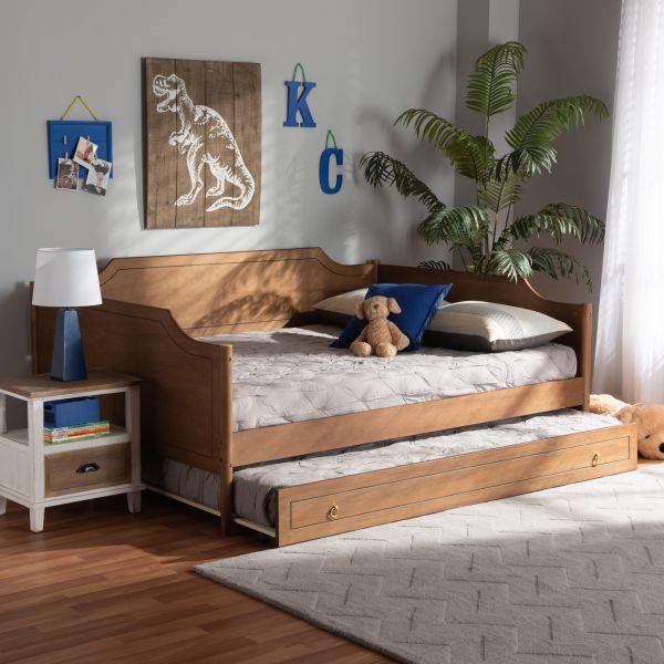 Alya Classic Traditional Farmhouse Walnut Brown Finished Wood Full Size Daybed with Roll-Out Trundle Bed