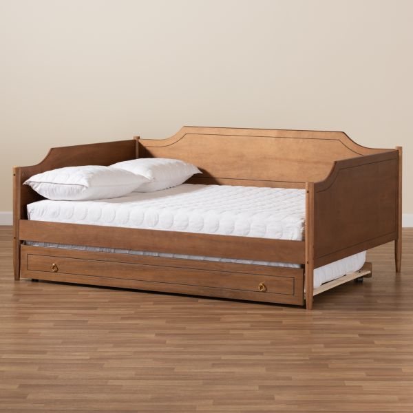 Alya Classic Traditional Farmhouse Walnut Brown Finished Wood Full Size Daybed with Roll-Out Trundle Bed