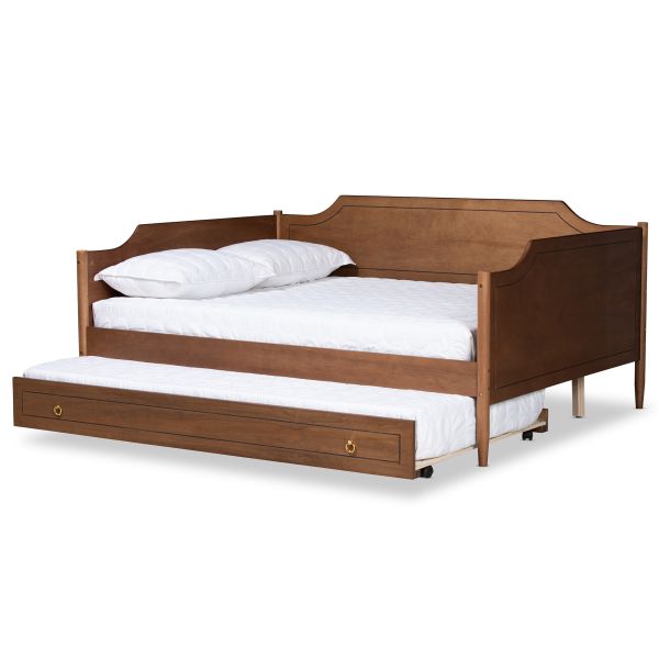 Alya Classic Traditional Farmhouse Walnut Brown Finished Wood Full Size Daybed with Roll-Out Trundle Bed