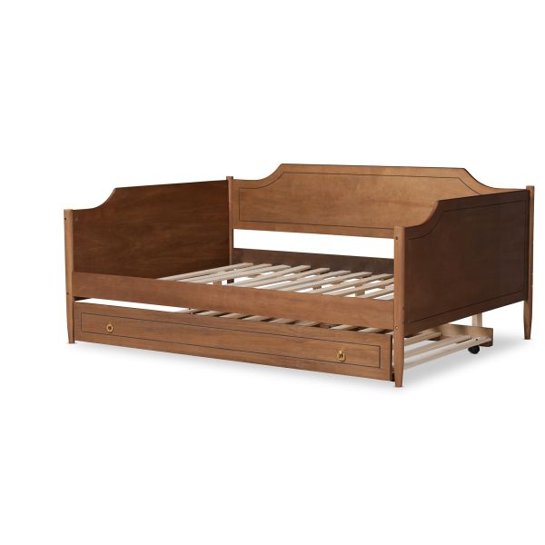 Alya Classic Traditional Farmhouse Walnut Brown Finished Wood Full Size Daybed with Roll-Out Trundle Bed