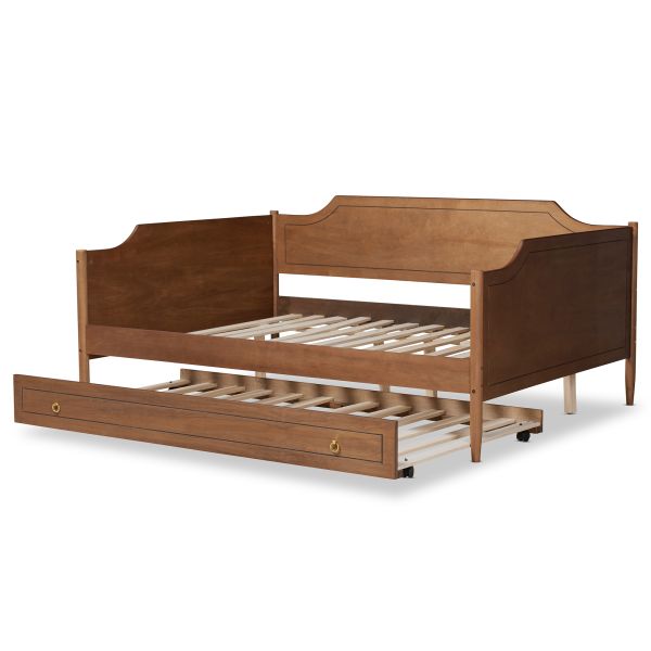 Alya Classic Traditional Farmhouse Walnut Brown Finished Wood Full Size Daybed with Roll-Out Trundle Bed