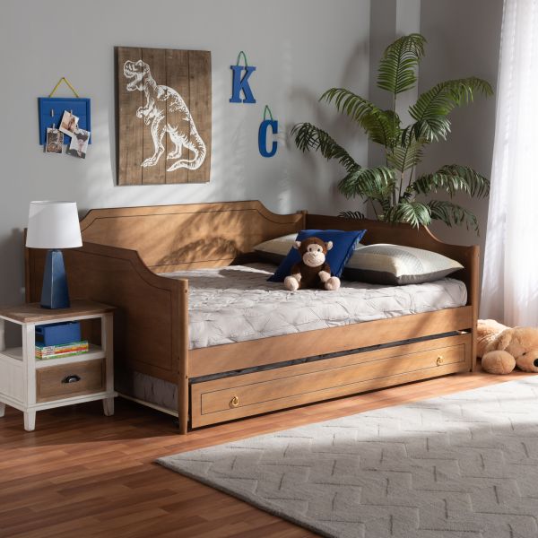 Alya Classic Traditional Farmhouse Walnut Brown Finished Wood Full Size Daybed with Roll-Out Trundle Bed