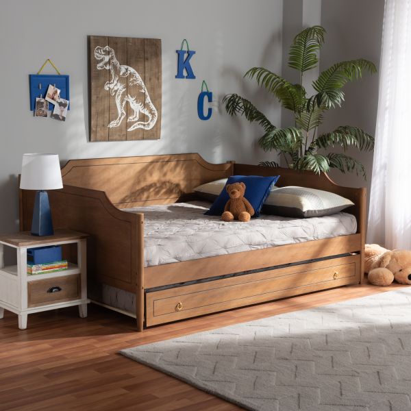 Alya Classic Traditional Farmhouse Walnut Brown Finished Wood Full Size Daybed with Roll-Out Trundle Bed