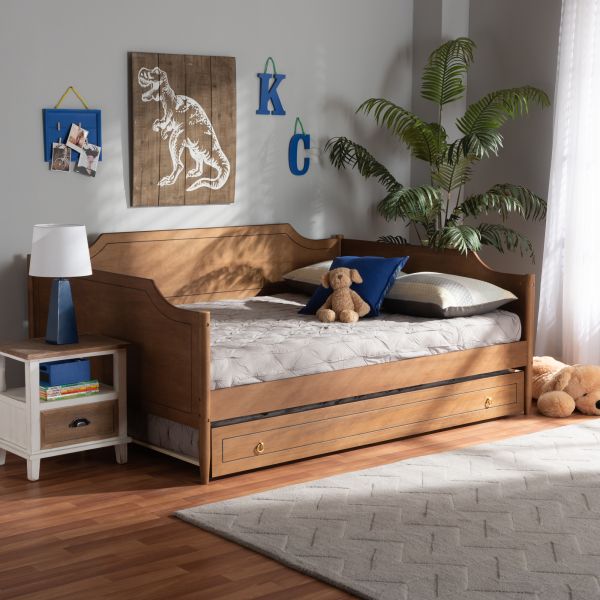 Alya Classic Traditional Farmhouse Walnut Brown Finished Wood Full Size Daybed with Roll-Out Trundle Bed