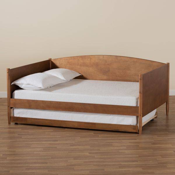 Veles Mid-Century Modern Ash Walnut Finished Wood Full Size Daybed with Trundle