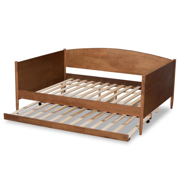 Veles Mid-Century Modern Ash Walnut Finished Wood Full Size Daybed with Trundle