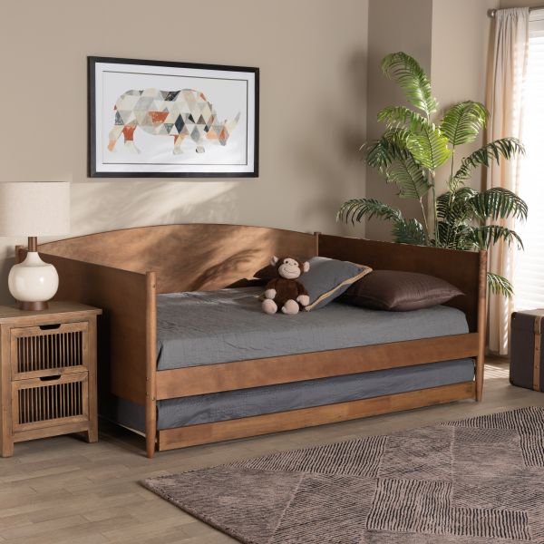 Veles Mid-Century Modern Ash Walnut Finished Wood Full Size Daybed with Trundle