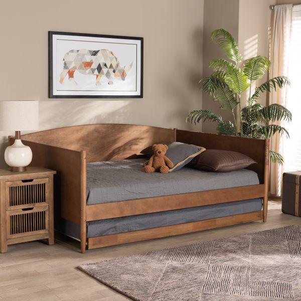 Veles Mid-Century Modern Ash Walnut Finished Wood Full Size Daybed with Trundle