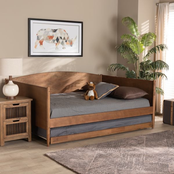 Veles Mid-Century Modern Ash Walnut Finished Wood Full Size Daybed with Trundle