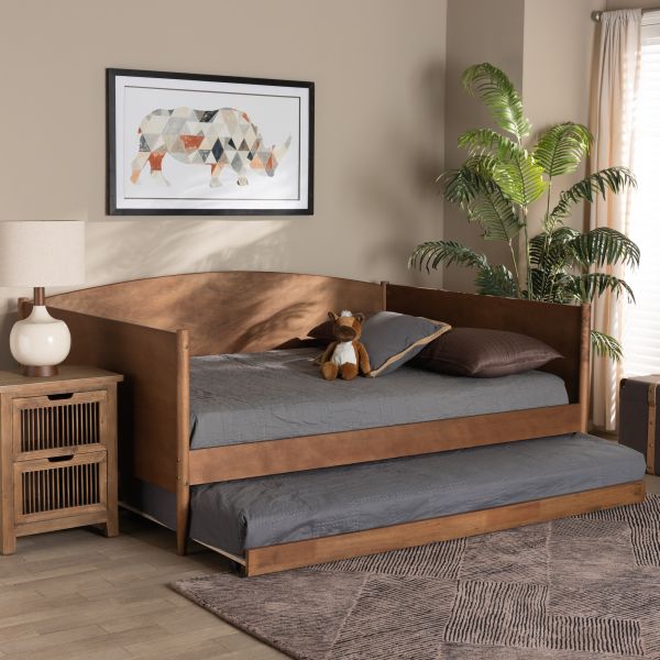 Veles Mid-Century Modern Ash Walnut Finished Wood Full Size Daybed with Trundle