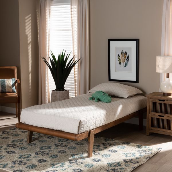 Kaia Mid-Century Modern Walnut Brown Finished Wood Twin Size Platform Bed Frame