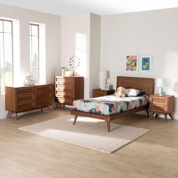 Melora Walnut Brown Finished Wood and Rattan Twin Size 5-Piece Bedroom Set