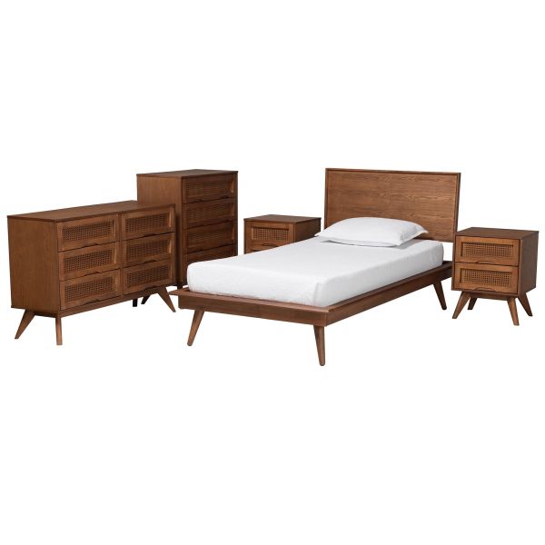 Melora Walnut Brown Finished Wood and Rattan Twin Size 5-Piece Bedroom Set