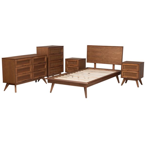 Melora Walnut Brown Finished Wood and Rattan Twin Size 5-Piece Bedroom Set