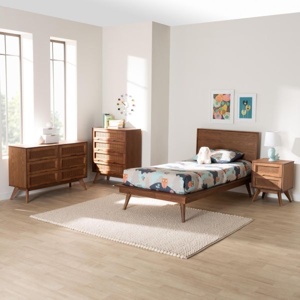 Melora Walnut Brown Finished Wood and Rattan Twin Size 4-Piece Bedroom Set