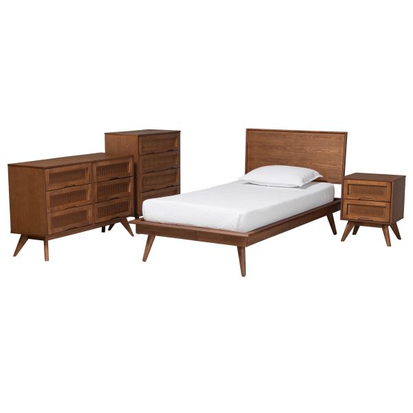Melora Walnut Brown Finished Wood and Rattan Twin Size 4-Piece Bedroom Set