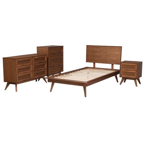 Melora Walnut Brown Finished Wood and Rattan Twin Size 4-Piece Bedroom Set