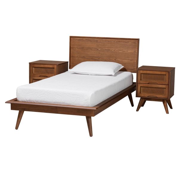 Melora Walnut Brown Finished Wood and Rattan Twin Size 3-Piece Bedroom Set