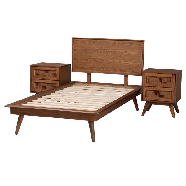 Melora Walnut Brown Finished Wood and Rattan Twin Size 3-Piece Bedroom Set