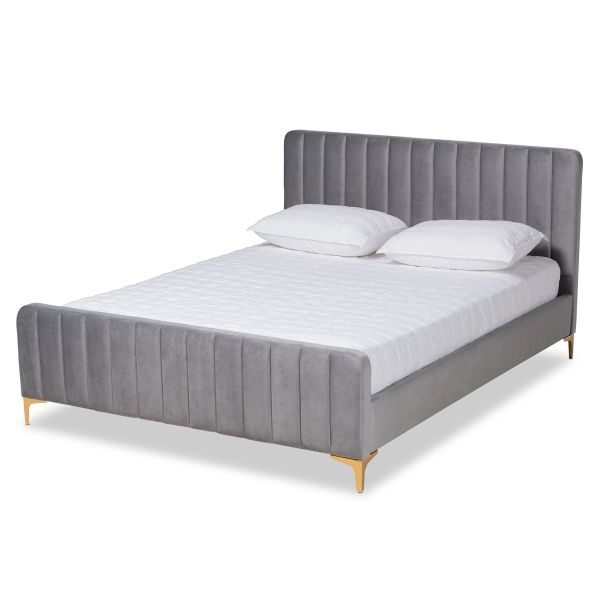 Nami Modern Contemporary Glam and Luxe Light Grey Velvet Fabric Upholstered and Gold Finished King Size Platform Bed