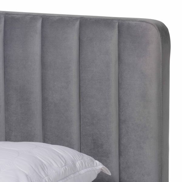Nami Modern Contemporary Glam and Luxe Light Grey Velvet Fabric Upholstered and Gold Finished Queen Size Platform Bed