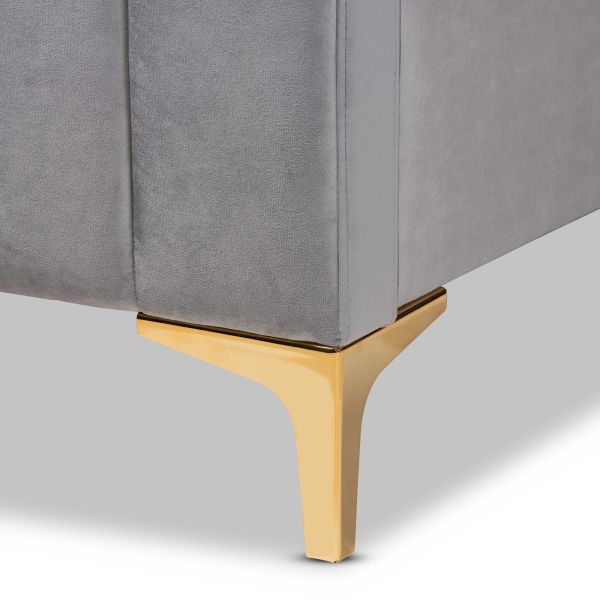 Nami Modern Contemporary Glam and Luxe Light Grey Velvet Fabric Upholstered and Gold Finished Queen Size Platform Bed