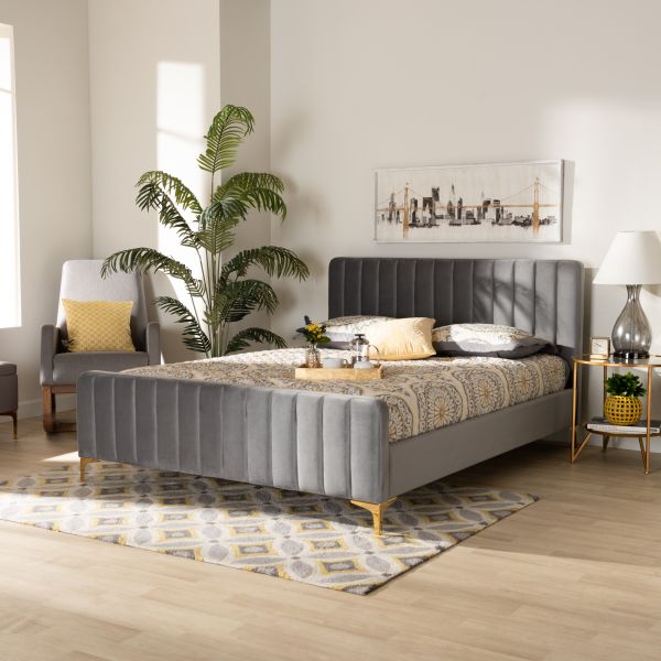 Nami Modern Contemporary Glam and Luxe Light Grey Velvet Fabric Upholstered and Gold Finished Queen Size Platform Bed