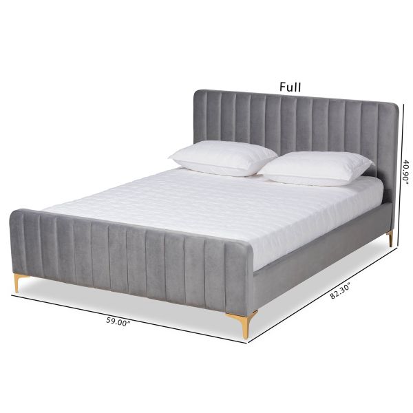 Nami Modern Contemporary Glam and Luxe Light Grey Velvet Fabric Upholstered and Gold Finished Queen Size Platform Bed