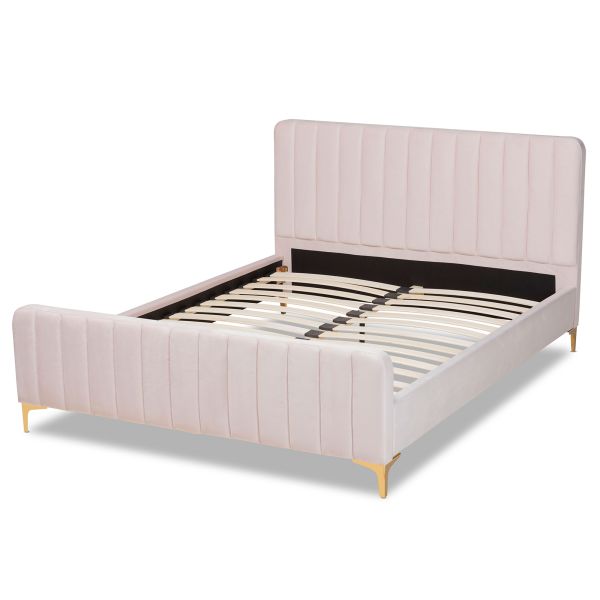 Nami Modern Contemporary Glam and Luxe Light Pink Velvet Fabric Upholstered and Gold Finished Queen Size Platform Bed