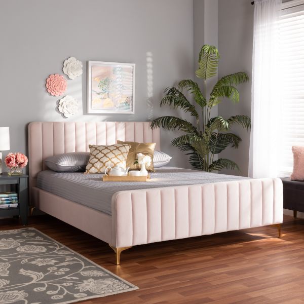 Nami Modern Contemporary Glam and Luxe Light Pink Velvet Fabric Upholstered and Gold Finished Queen Size Platform Bed