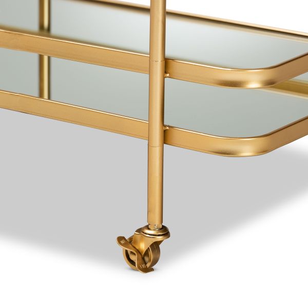 Destin Modern and Contemporary Glam Brushed Gold Finished Metal and Mirrored Glass 2-Tier Mobile Wine Bar Cart
