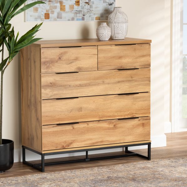 Franklin Modern and Contemporary Oak Finished Wood and Black Finished Metal 5-Drawer Bedroom Chest