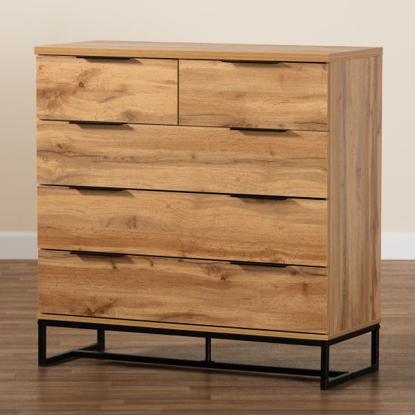 Franklin Modern and Contemporary Oak Finished Wood and Black Finished Metal 5-Drawer Bedroom Chest