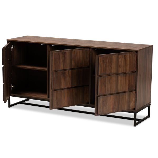 Neil Modern and Contemporary Walnut Brown Finished Wood and Black Finished Metal 3-Door Dining Room Sideboard Buffet