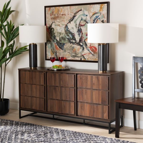 Neil Modern and Contemporary Walnut Brown Finished Wood and Black Finished Metal 3-Door Dining Room Sideboard Buffet