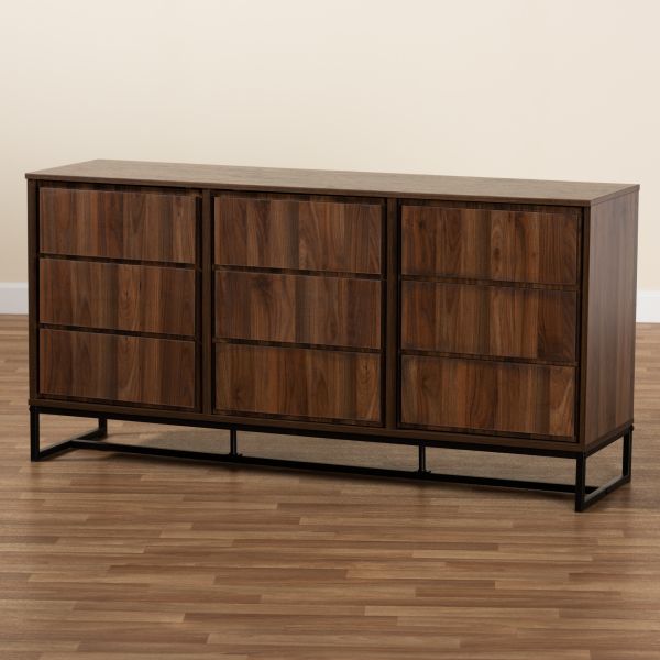 Neil Modern and Contemporary Walnut Brown Finished Wood and Black Finished Metal 3-Door Dining Room Sideboard Buffet