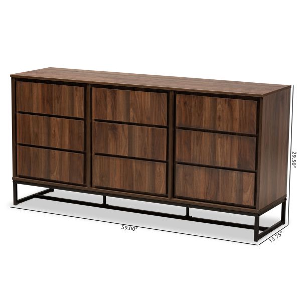 Neil Modern and Contemporary Walnut Brown Finished Wood and Black Finished Metal 3-Door Dining Room Sideboard Buffet