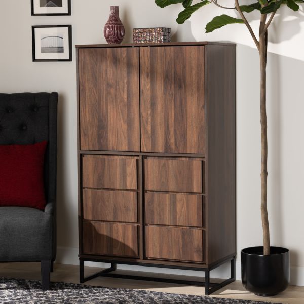 Neil Modern and Contemporary Walnut Brown Finished Wood and Black Finished Metal Multipurpose Storage Cabinet
