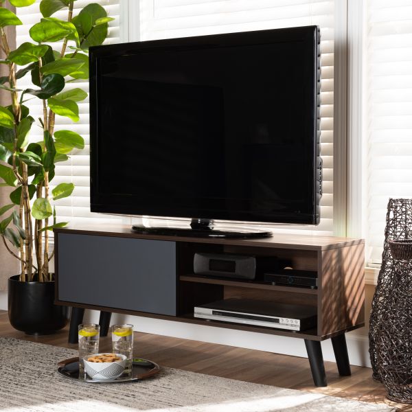 Mallory Modern and Contemporary Two-Tone Walnut Brown and Grey Finished Wood TV Stand