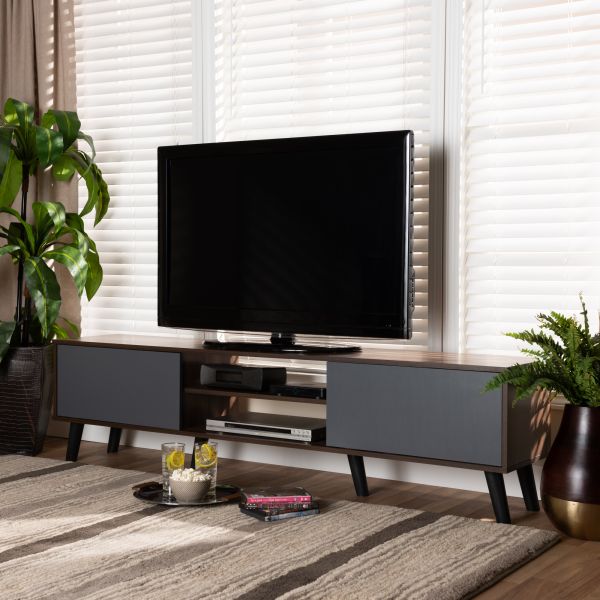 Clapton Modern and Contemporary Multi-Tone Grey and Walnut Brown Finished Wood TV Stand