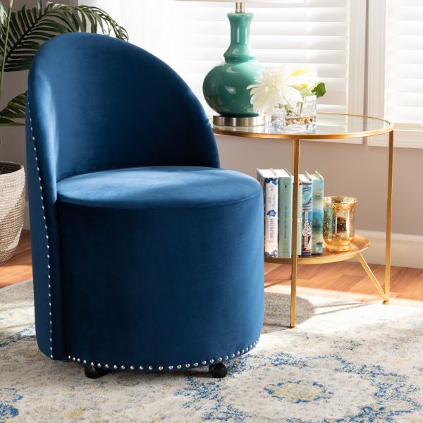 Bethel Glam and Luxe Navy Blue Velvet Fabric Upholstered Rolling Accent Chair