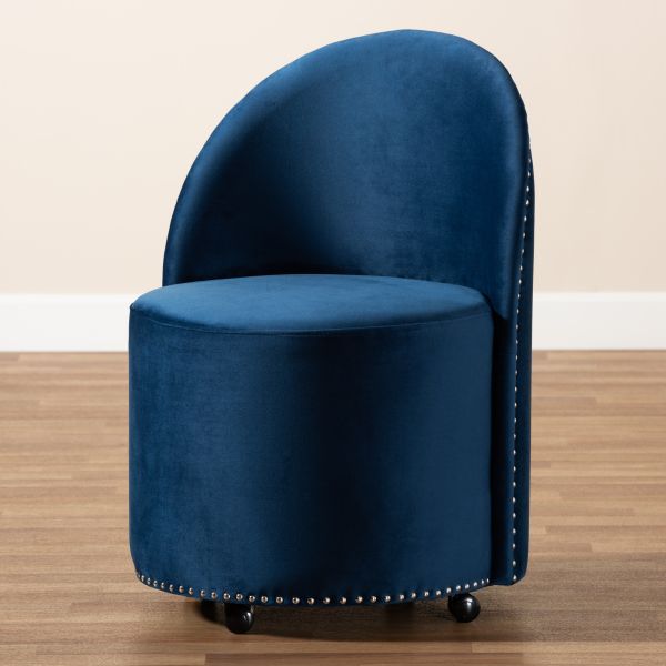 Bethel Glam and Luxe Navy Blue Velvet Fabric Upholstered Rolling Accent Chair