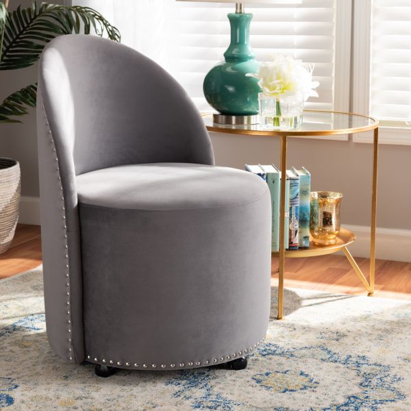 Bethel Glam and Luxe Grey Velvet Fabric Upholstered Rolling Accent Chair
