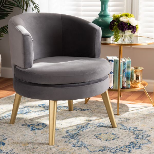 Baptiste Glam and Luxe Grey Velvet Fabric Upholstered and Gold Finished Wood Accent Chair