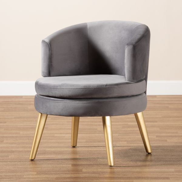 Baptiste Glam and Luxe Grey Velvet Fabric Upholstered and Gold Finished Wood Accent Chair
