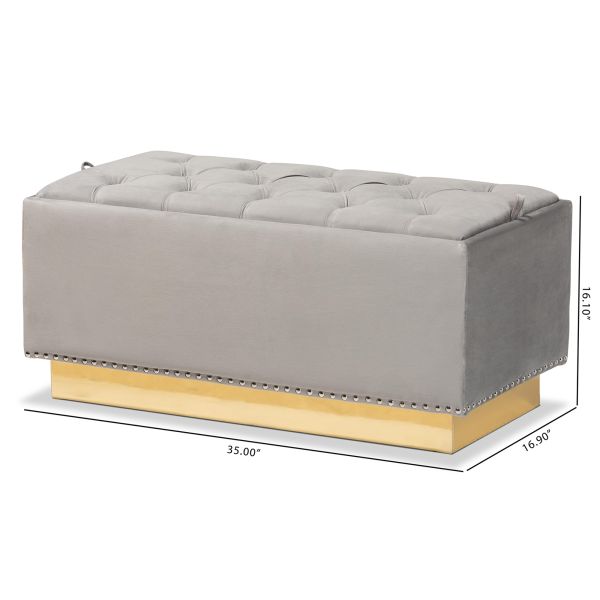 Powell Glam and Luxe Grey Velvet Fabric Upholstered and Gold PU Leather Storage Ottoman