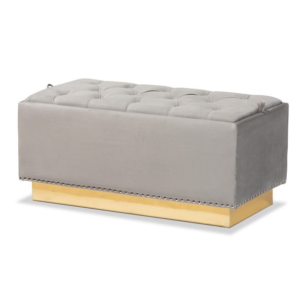 Powell Glam and Luxe Grey Velvet Fabric Upholstered and Gold PU Leather Storage Ottoman