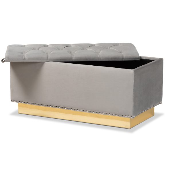 Powell Glam and Luxe Grey Velvet Fabric Upholstered and Gold PU Leather Storage Ottoman