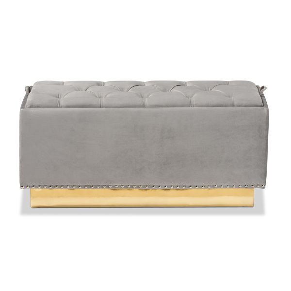 Powell Glam and Luxe Grey Velvet Fabric Upholstered and Gold PU Leather Storage Ottoman
